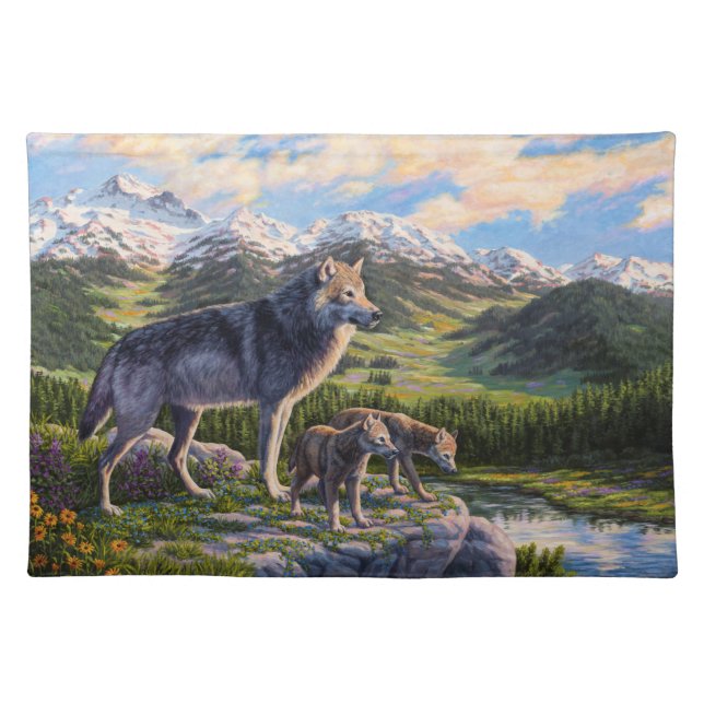 Mother Wolf & Pups Mountain River Valley Cloth Placemat (Front)