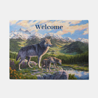 Mother Wolf & Pups Mountain River Valley Doormat