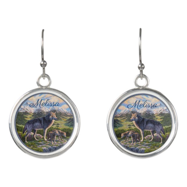 Mother Wolf & Pups Mountain River Valley Earrings (Front)