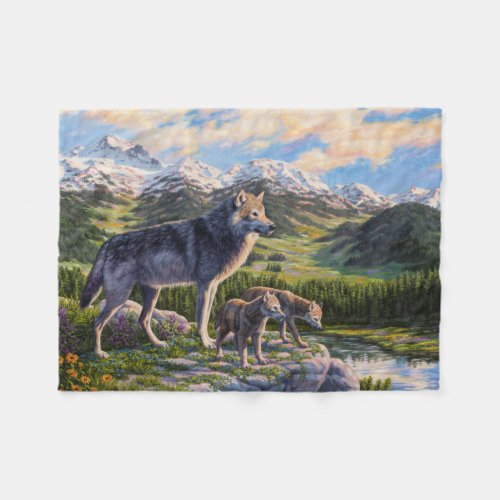 Mother Wolf  Pups Mountain River Valley Fleece Blanket