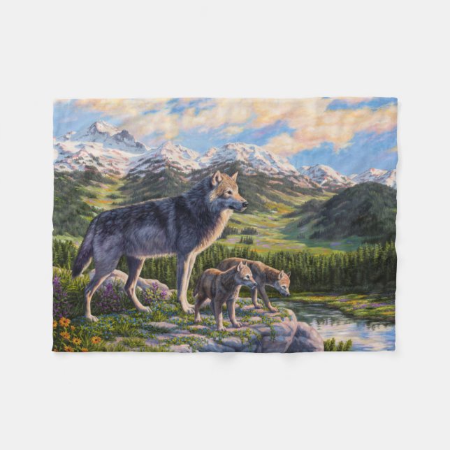 Mother Wolf & Pups Mountain River Valley Fleece Blanket (Front (Horizontal))