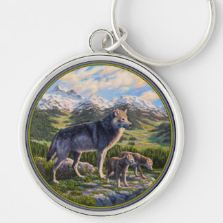 Mother Wolf & Pups Mountain River Valley Keychain