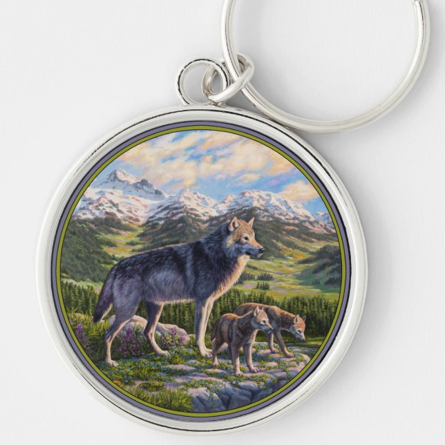 Mother Wolf & Pups Mountain River Valley Keychain (Front)