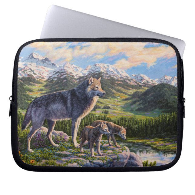 Mother Wolf & Pups Mountain River Valley Laptop Sleeve (Front)