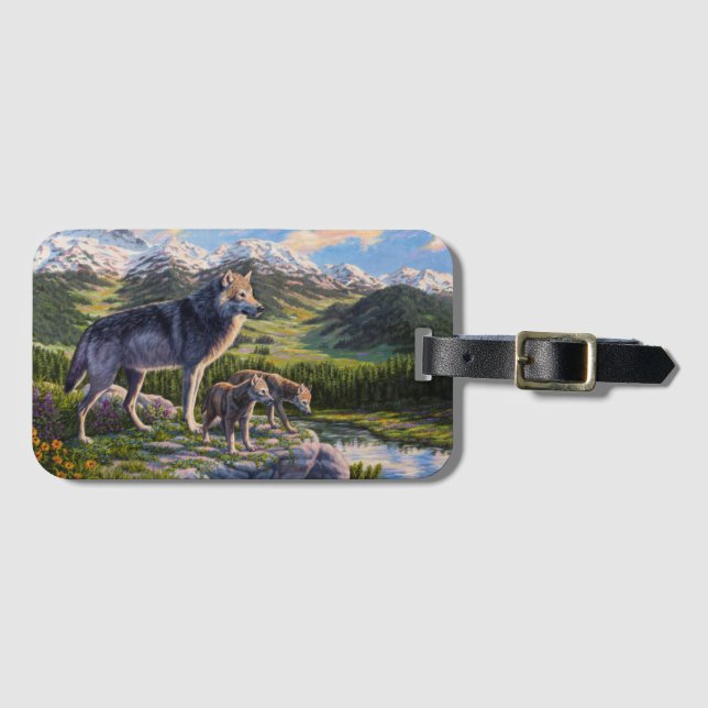 Mother Wolf & Pups Mountain River Valley Luggage Tag (Front Horizontal)