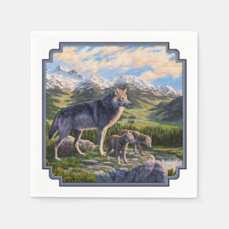 Mother Wolf & Pups Mountain River Valley Napkins