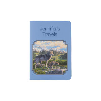 Mother Wolf & Pups Mountain River Valley Passport Holder