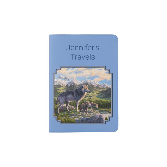 Mother Wolf & Pups Mountain River Valley Passport Holder (Front)