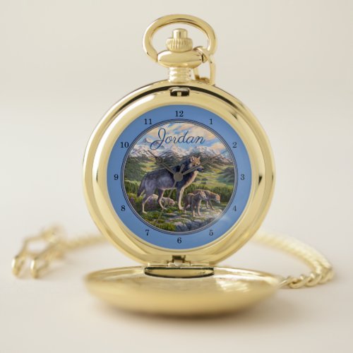 Mother Wolf  Pups Mountain River Valley Pocket Watch