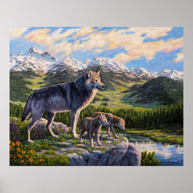 Mother Wolf & Pups Mountain River Valley Poster (Front)
