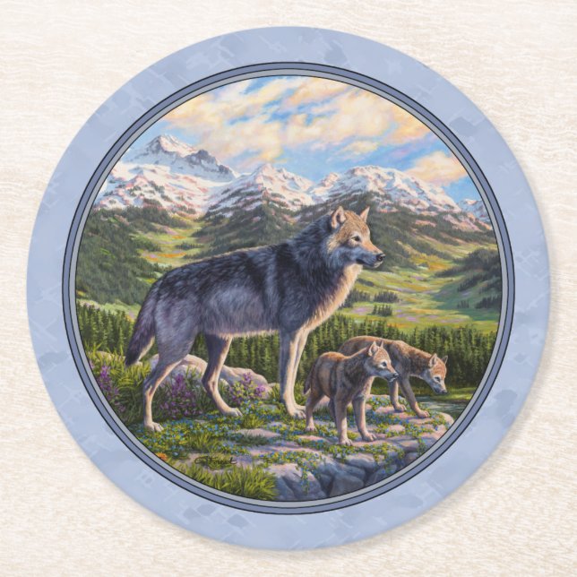 Mother Wolf & Pups Mountain River Valley Round Paper Coaster (Front)