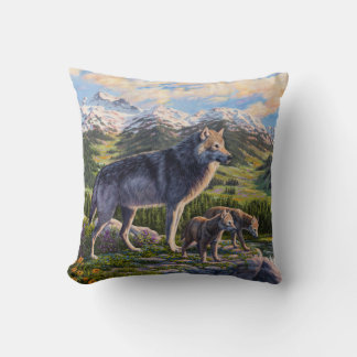 Mother Wolf & Pups Mountain River Valley Throw Pillow
