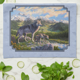 Mother Wolf & Pups Mountain River Valley Towel