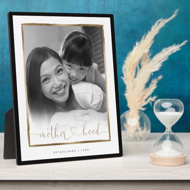 Motherhood EST. Elegant Black & Gold Frame Photo (Side)