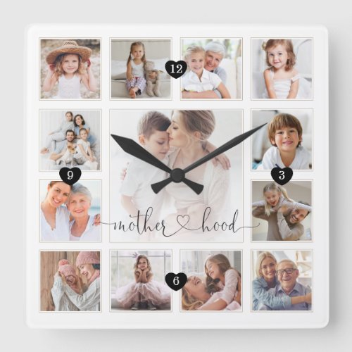 Motherhood Script Family Memory Photo Grid Collage Square Wall Clock