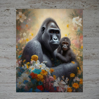 Motherly Love - Watercolor AI Image of Gorilla Mom Poster