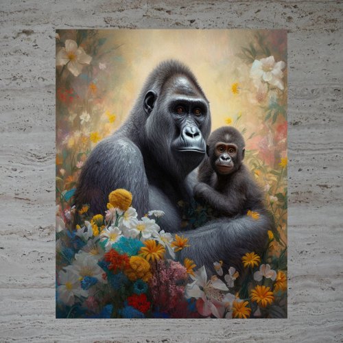 Motherly Love _ Watercolor AI Image of Gorilla Mom Poster