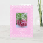 Mother's birthday rose card<br><div class="desc">Greeting card for mom's 85th birthday with lace frame and photo of pansies on purple / lavender background. Customize your message! Tarjeta Posten ingles con a photo of florecitas for her simple breast! Customize your message! Greeting card in Spanish for mother's day with photo of flowers on purple background and...</div>