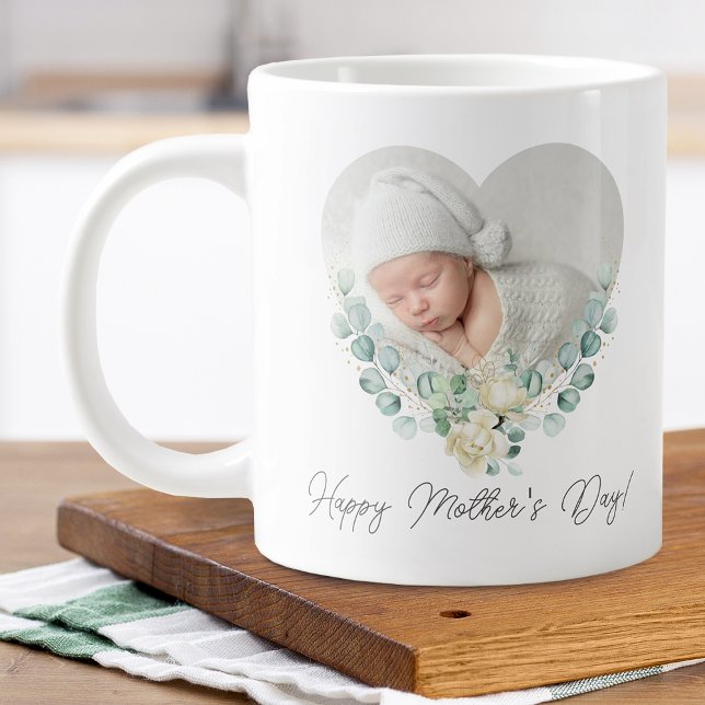Mother's Day 2 Photo Floral Heart Giant Coffee Mug (Mother's Day 2 Photo Floral Heart Giant Coffee Mug)