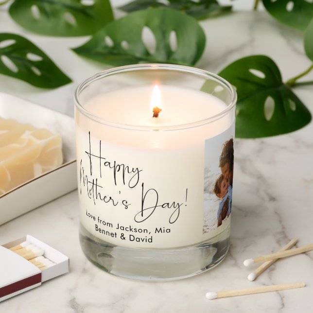 Mother's Day 3 Photo Custom Message Stylish Script Scented Candle (Lit)