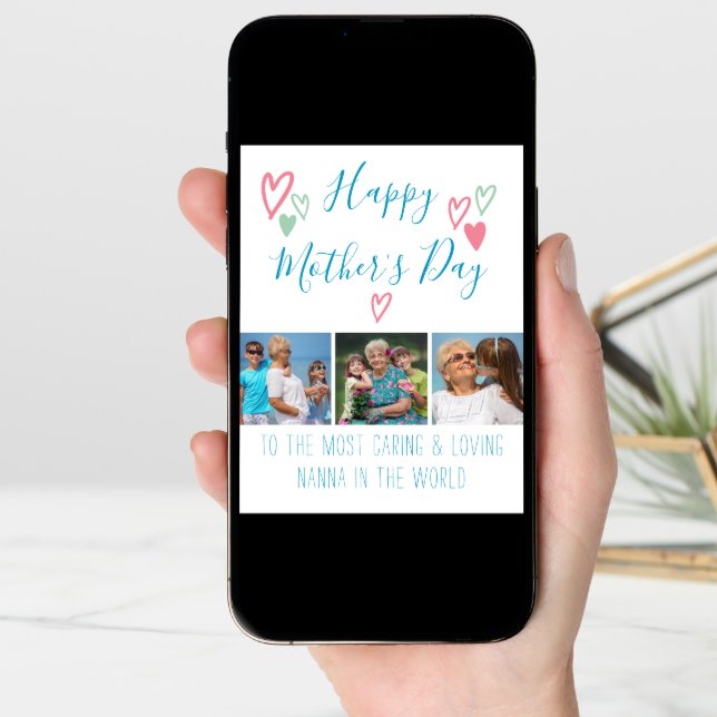 Mother's Day 3 Photo Cute Hearts and Typography Card (Front Digital)