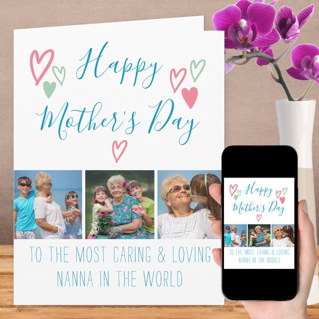Mother's Day 3 Photo Cute Hearts and Typography Card (Creator Uploaded)