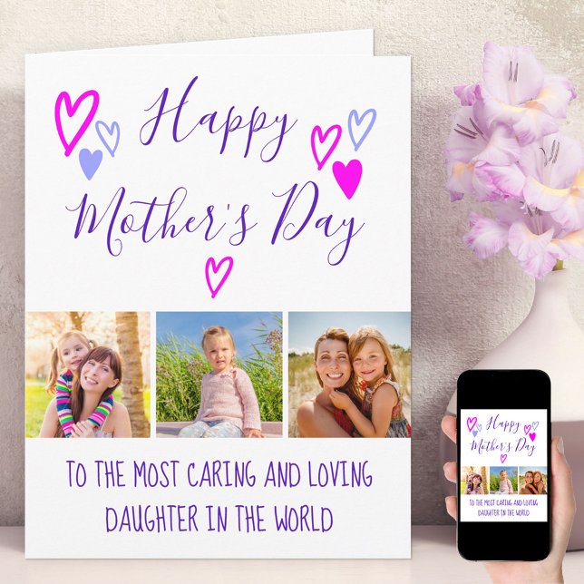 Mother's Day 3 Photo Whimsical Hearts Typography C Card (Creator Uploaded)