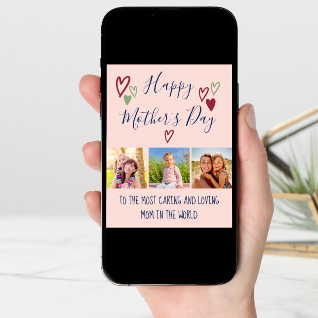 Mother's Day 3 Photo Whimsical Hearts Typography Card (Front Digital)