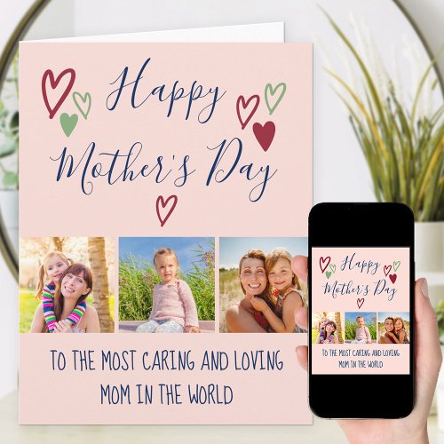 Mothers Day 3 Photo Whimsical Hearts Typography Card