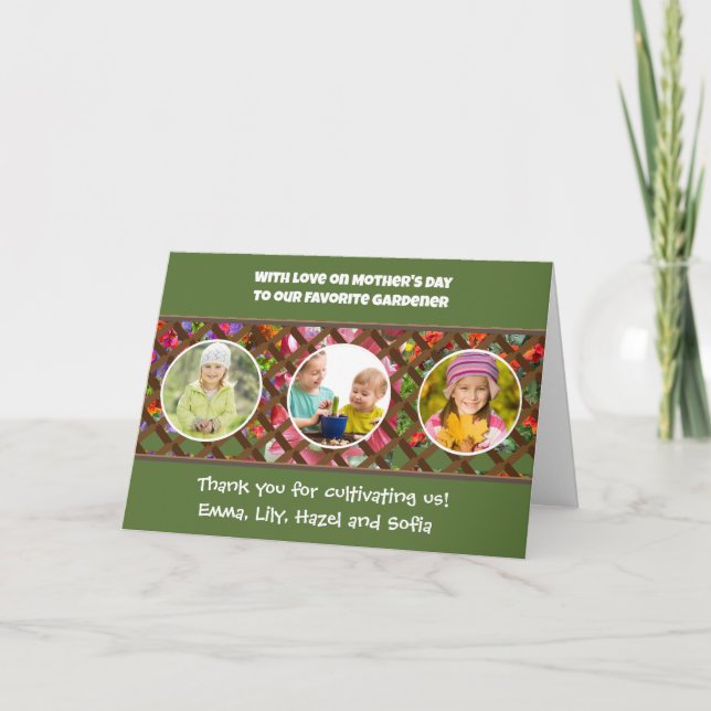 Mother's Day 3 Photos Green Garden Lover's Holiday Card (Front)