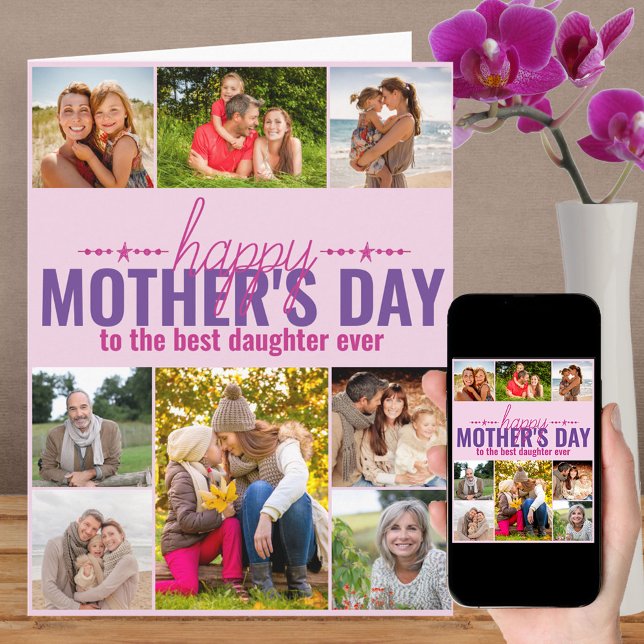 Mothers Day 8 Photo Collage Personalized Pink Card (Creator Uploaded)