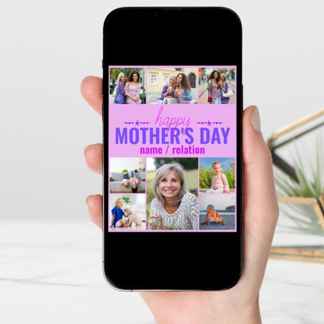 Mother's Day 8 Photo Collage Pink Personalized Card (Front Digital)