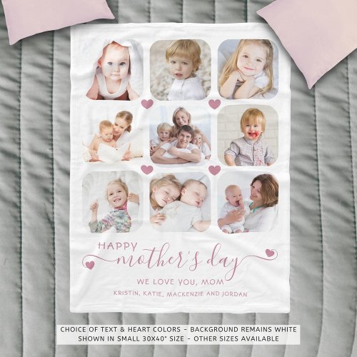Mothers Day 8 Photo Collage Script Pink White Fleece Blanket