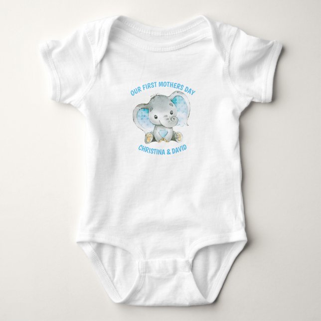 Mothers Day Baby Boy Blue Elephant Jungle Baby Bodysuit (Front)