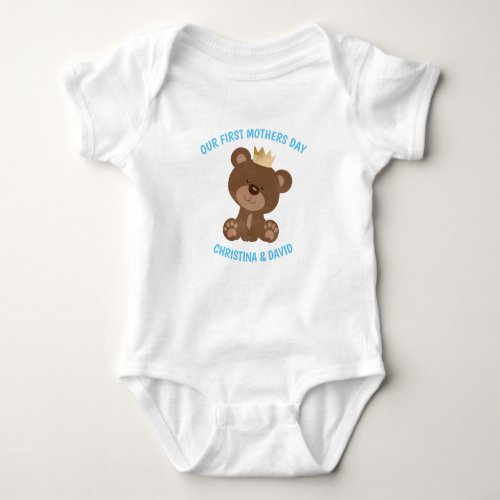 Mothers Day Baby Boy Blue Teddy Bear Crown Baby Bodysuit