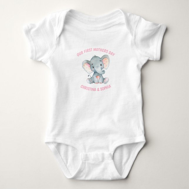 Mothers Day Baby Girl Elephant Pink Baby Bodysuit (Front)