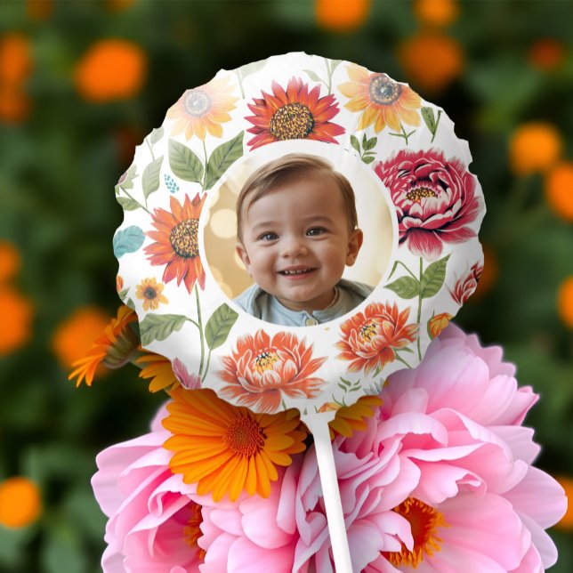 Mother's Day Beautiful Pink & Orange Floral Photo Balloon (Custom photo bouquet balloon with bright peonies and daisies in Summer colors for Mother's Day.)