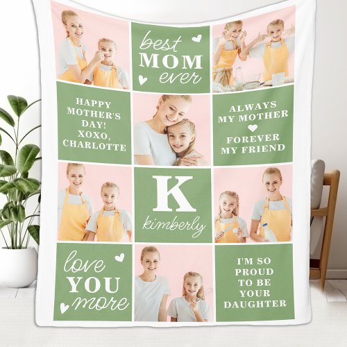 Mothers Day Best MOM Ever Custom 7 Photo Collage Fleece Blanket