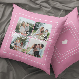 Mothers Day Best Mom modern photo collage pink Throw Pillow