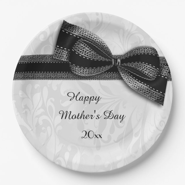 Mother's Day Black Damask and Faux Bow Paper Plates (Front)