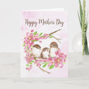 Mother's Day Blank Cherry Blossom, Sparrows, Bird  Holiday Card
