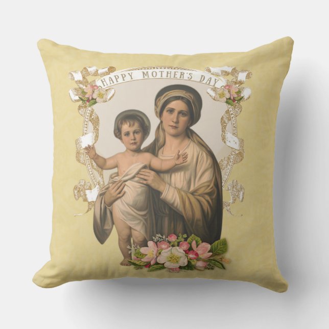 Mother's Day Blessed Virgin Mary Catholic Flowers Throw Pillow (Front)
