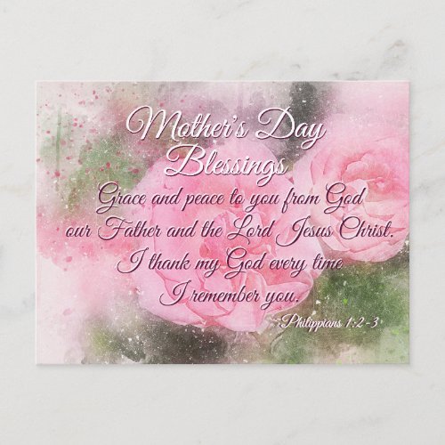 Mothers Day Blessings Philippians 12_3 Pink Rose Postcard
