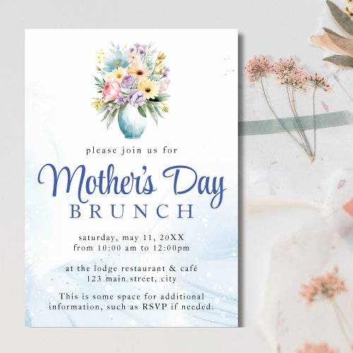 Mothers Day Blue Watercolor Brunch Floral Invitation