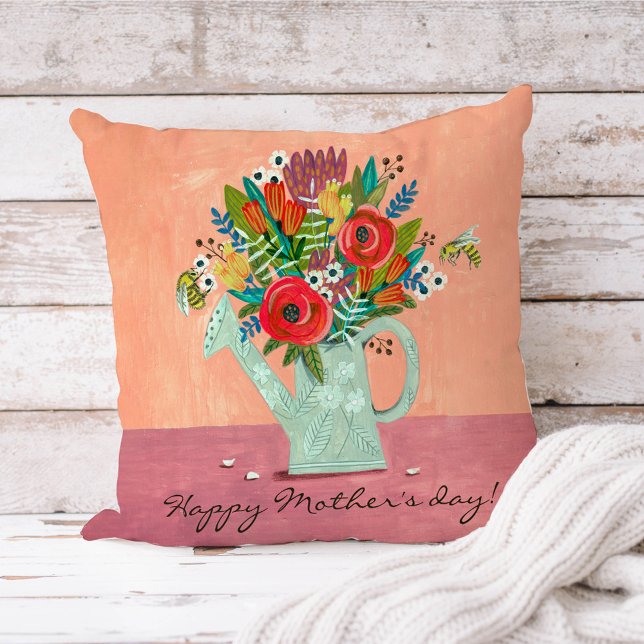 Mother's day Boho Flowers illustration pink Throw Pillow (Creator Uploaded)
