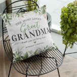 Mother's Day Botanical Great Grandmother Throw Pillow<br><div class="desc">Personalized great-grandmother pillow featuring elegant watercolor green botanical eucalyptus leaves,  gold floral accents,  the cute saying "the most loved great grandma,  thank you for being ours",  and the grandkids names.</div>