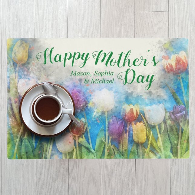 Mother's Day Breakfast Kids Names Watercolor Tulip Placemat (Creator Uploaded)