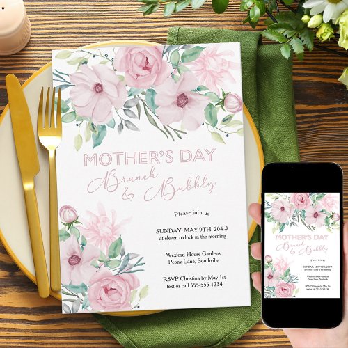 Mothers Day Brunch and Bubbly Pink Peony Floral Invitation