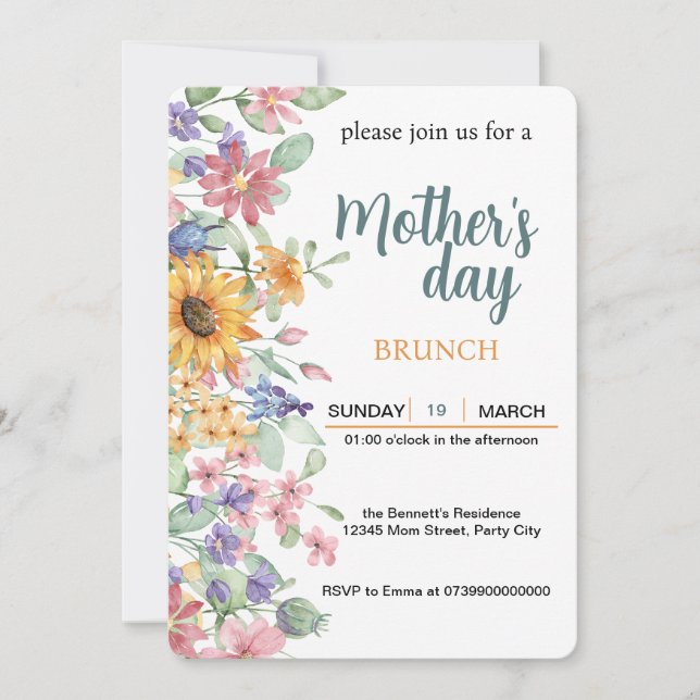 Mother's Day Brunch blush Floral Sunflower  Invitation (Front)
