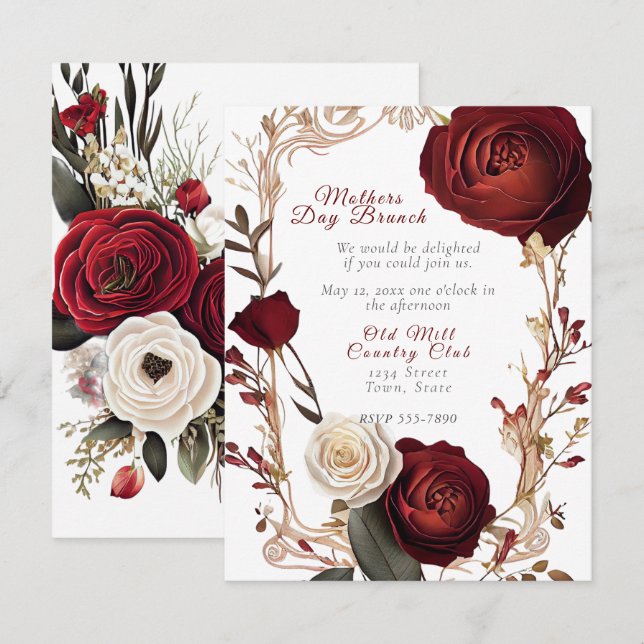  Mother's Day Brunch Elegant Red White Roses  Invitation (Front/Back)
